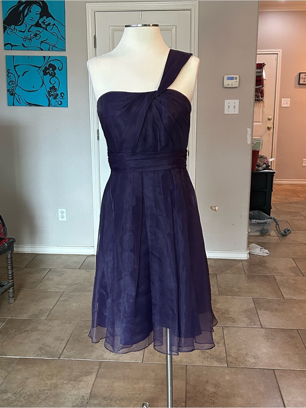 David's Bridal One-Shoulder Deep Purple Chiffon Cocktail Dress